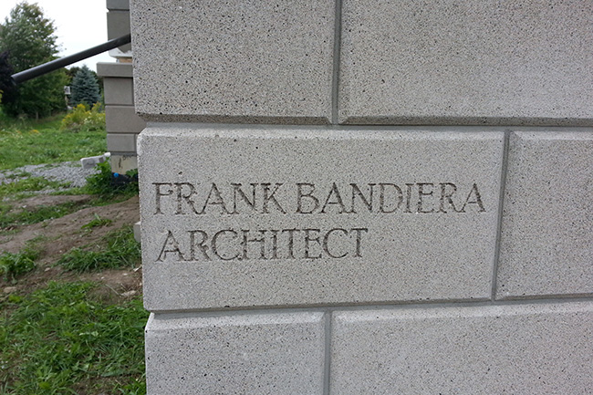 Frank Bandiera Architect name etched in Villa Veneta wall